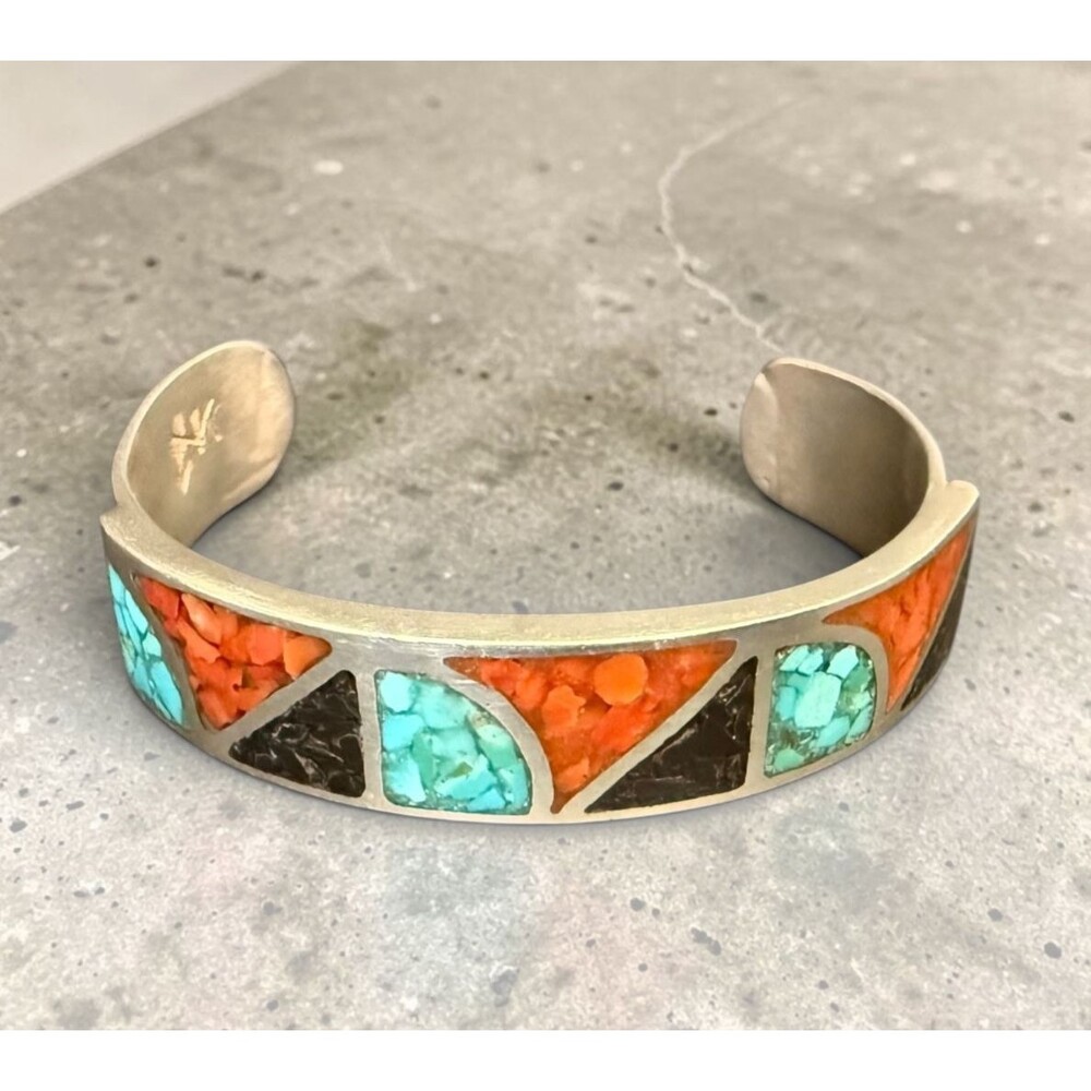 Vintage Southwestern Native American Style Silver Cuff Signed K Inlay Bangle